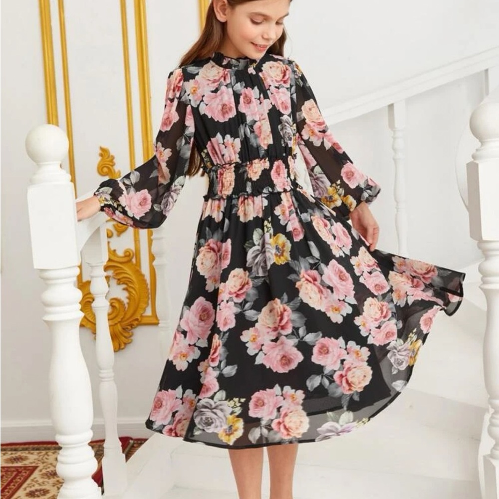 Girls maxi dress long sleeve chiffon floral size 11/12